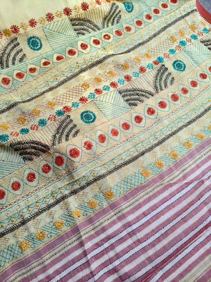 LIGHT YELLOW COTTON PURE HANDLOOM EMBROIDERY SAREE