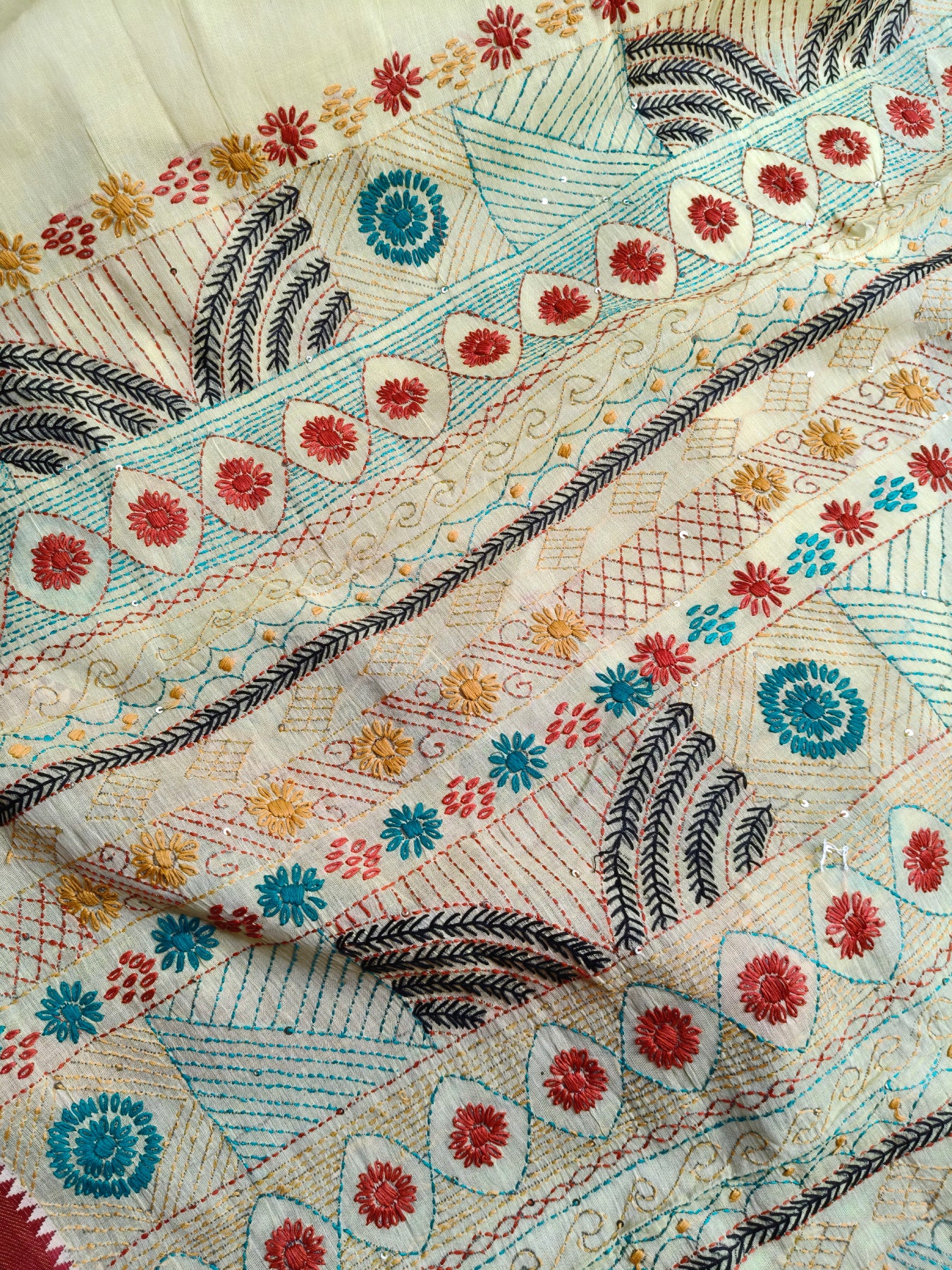 LIGHT YELLOW COTTON PURE HANDLOOM EMBROIDERY SAREE