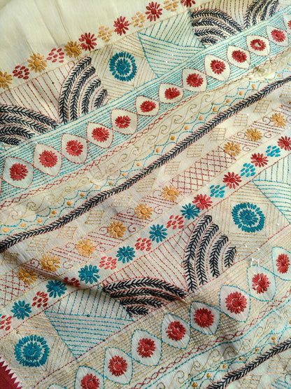 LIGHT YELLOW COTTON PURE HANDLOOM EMBROIDERY SAREE