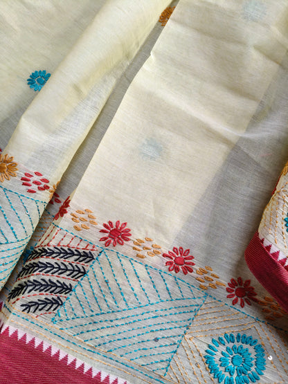 LIGHT YELLOW COTTON PURE HANDLOOM EMBROIDERY SAREE