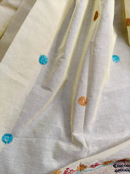 LIGHT YELLOW COTTON PURE HANDLOOM EMBROIDERY SAREE