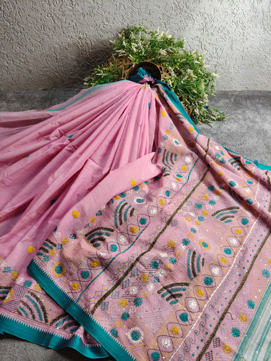 PINK COTTON PURE HANDLOOM EMROIDERY SAREE
