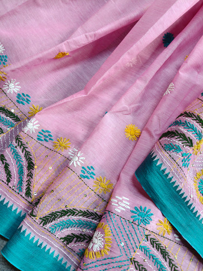 PINK COTTON PURE HANDLOOM EMROIDERY SAREE