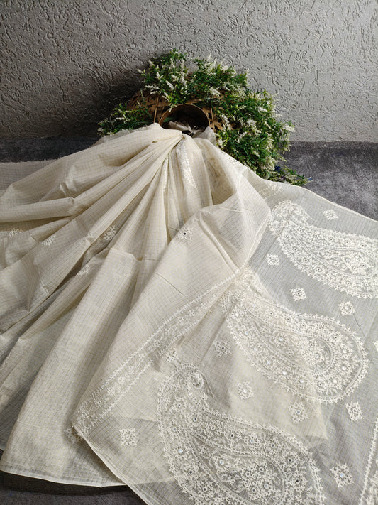 WHITE COTTON PURE HANDLOOM EMBROIDERY SAREE