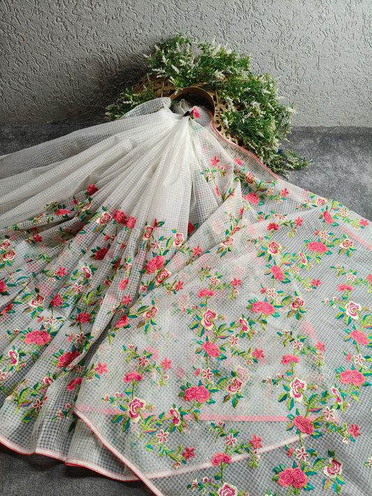 WHITE KOTA PURE HANDLOOM EMBROIDERY SAREE