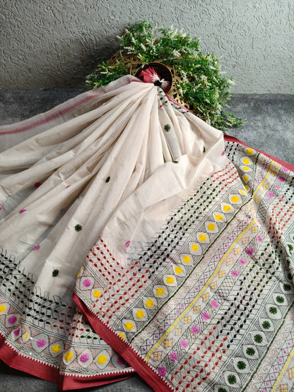 WHITE COTTON PURE HANDLOOM EMBROIDERY SAREE