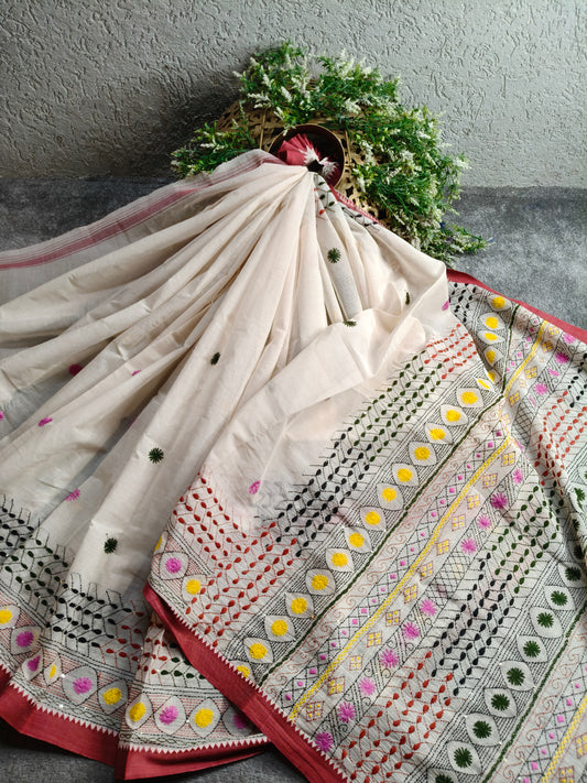 WHITE COTTON PURE HANDLOOM EMBROIDERY SAREE