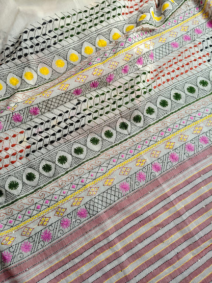 WHITE COTTON PURE HANDLOOM EMBROIDERY SAREE