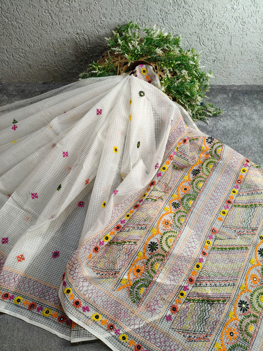 WHITE KOTA PURE HANDLOOM EMBROIDERY SAREE