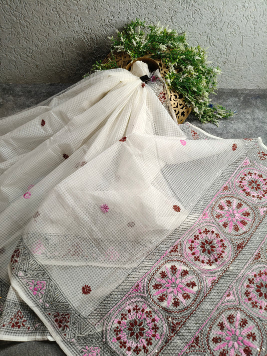 WHITE KOTA PURE HANDLOOM EMBROIDERY SAREE
