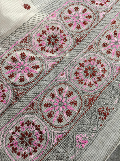 WHITE KOTA PURE HANDLOOM EMBROIDERY SAREE