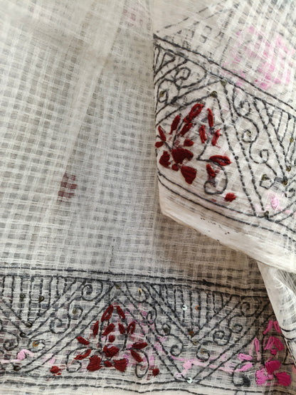WHITE KOTA PURE HANDLOOM EMBROIDERY SAREE