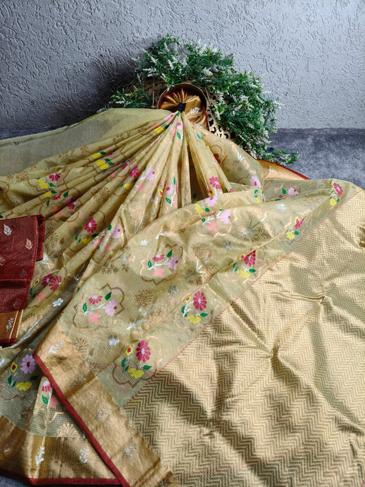 LIGHT YELLOW TISSUE PURE HANDLOOM SINGLE TISSUE KOTA DORIYA SAREE