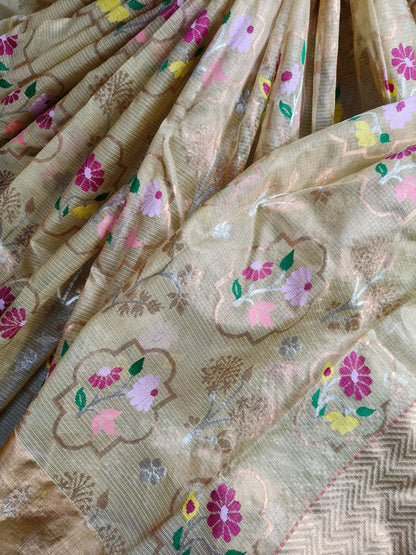 LIGHT YELLOW TISSUE PURE HANDLOOM SINGLE TISSUE KOTA DORIYA SAREE