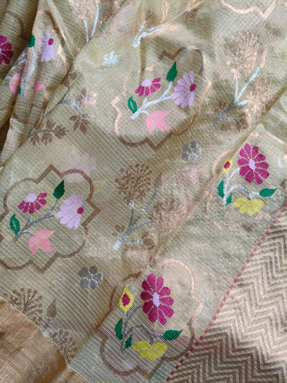 LIGHT YELLOW TISSUE PURE HANDLOOM SINGLE TISSUE KOTA DORIYA SAREE