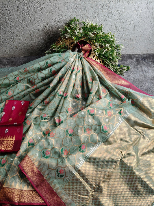SEA GREEN TISSUE PURE HANDLOOM SINGLE TISSUE KOTA DORIYA SAREE