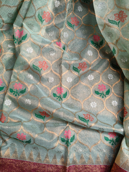 SEA GREEN TISSUE PURE HANDLOOM SINGLE TISSUE KOTA DORIYA SAREE