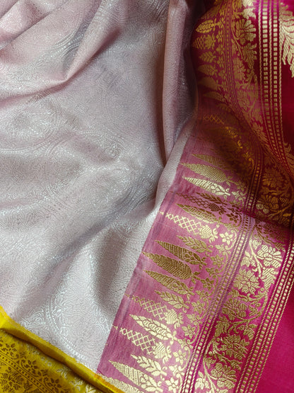 PINK AND MAJENTA PURE HANDLOOM HALF SILK AND HALF KORA BANARASI SAREE