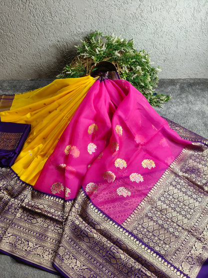 PINK AND YELLOW PURE HANDLOOM HALF SILK AND HALF KORA BANARASI SAREE