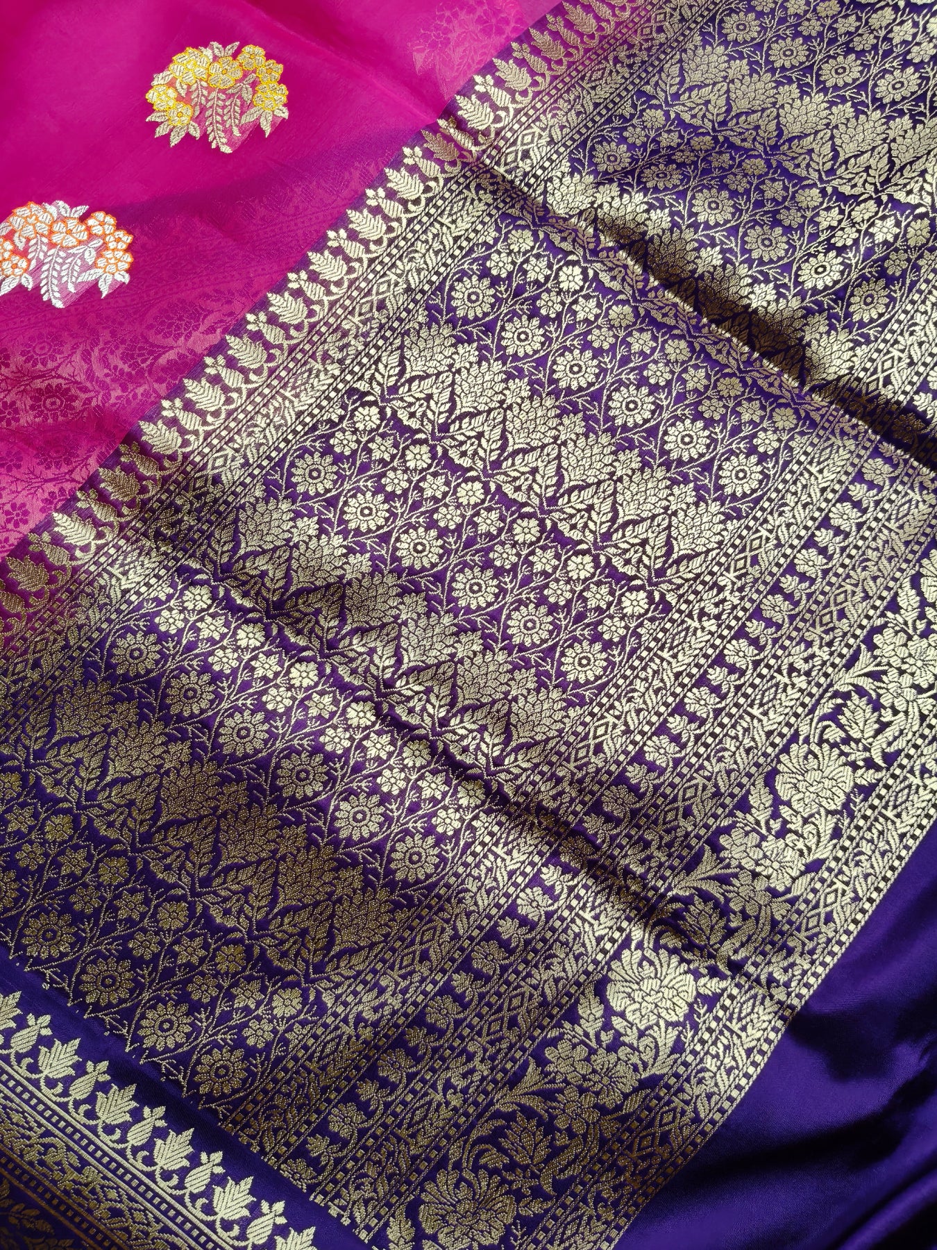 PINK AND YELLOW PURE HANDLOOM HALF SILK AND HALF KORA BANARASI SAREE