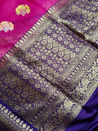 PINK AND YELLOW PURE HANDLOOM HALF SILK AND HALF KORA BANARASI SAREE