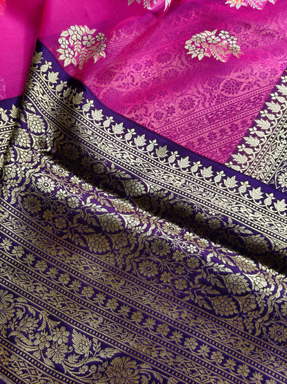 PINK AND YELLOW PURE HANDLOOM HALF SILK AND HALF KORA BANARASI SAREE