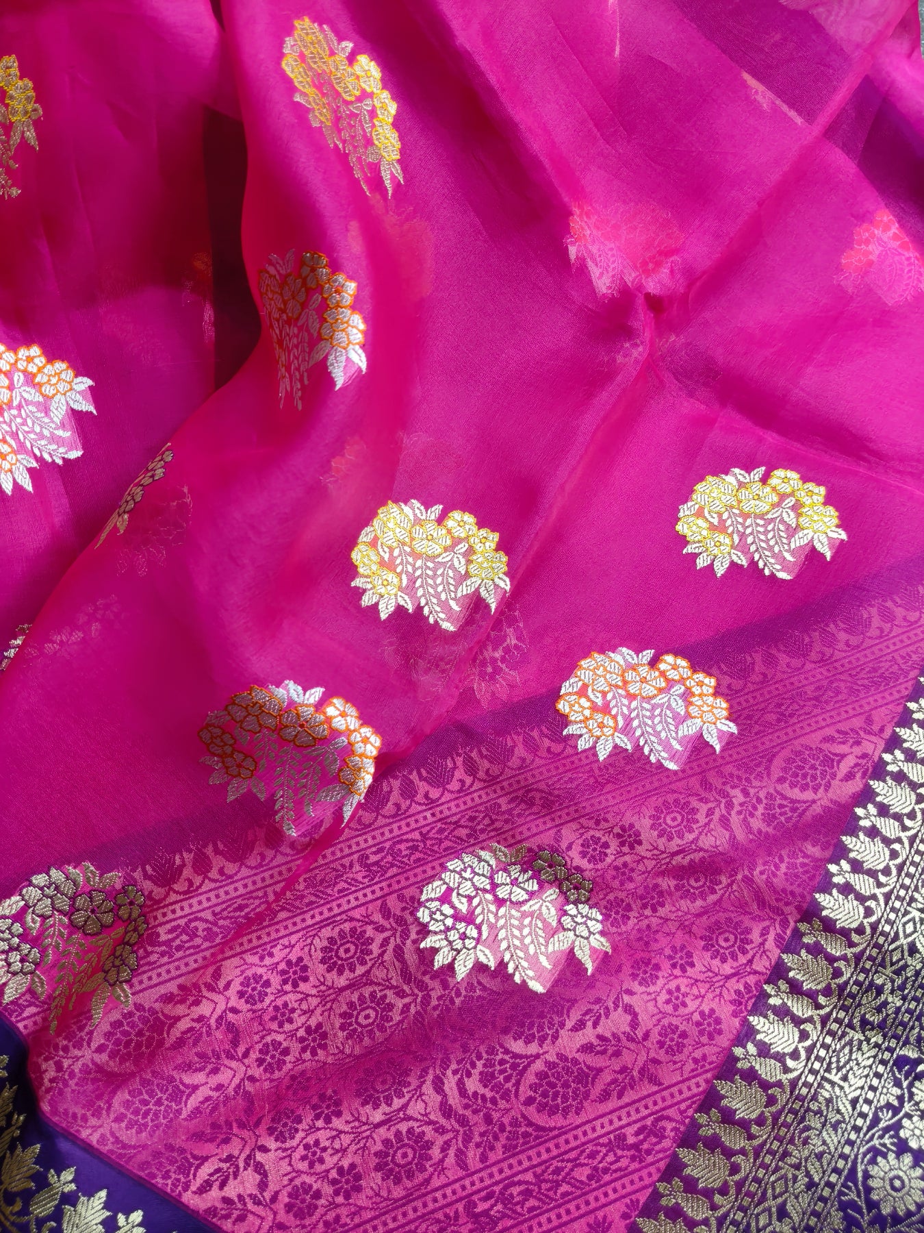 PINK AND YELLOW PURE HANDLOOM HALF SILK AND HALF KORA BANARASI SAREE