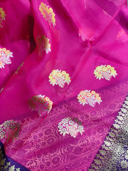 PINK AND YELLOW PURE HANDLOOM HALF SILK AND HALF KORA BANARASI SAREE