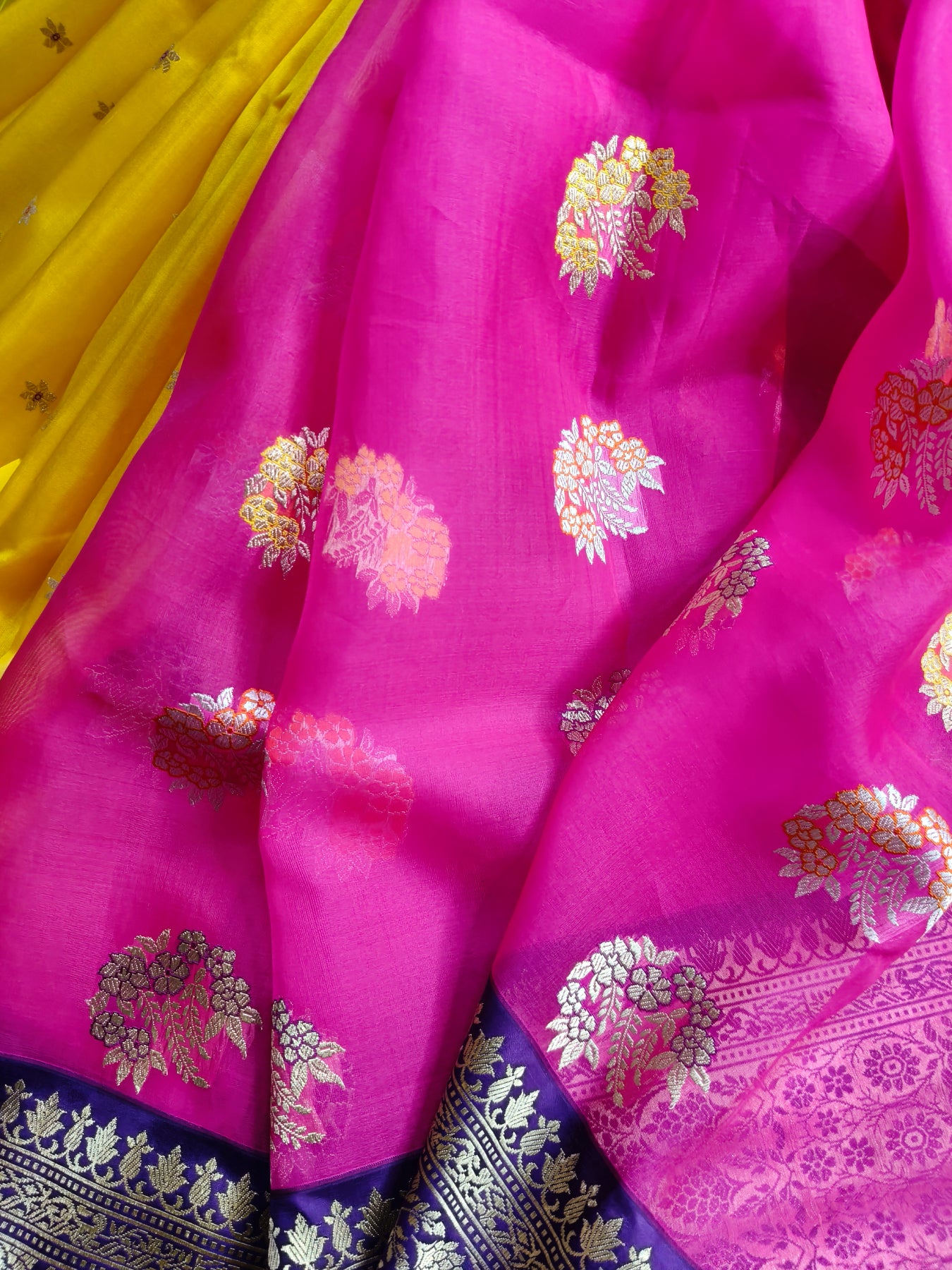 PINK AND YELLOW PURE HANDLOOM HALF SILK AND HALF KORA BANARASI SAREE