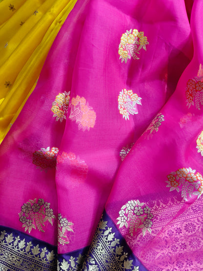 PINK AND YELLOW PURE HANDLOOM HALF SILK AND HALF KORA BANARASI SAREE