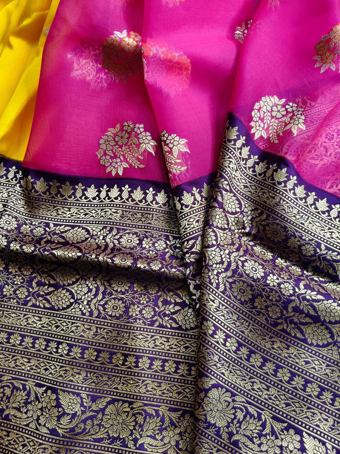 PINK AND YELLOW PURE HANDLOOM HALF SILK AND HALF KORA BANARASI SAREE