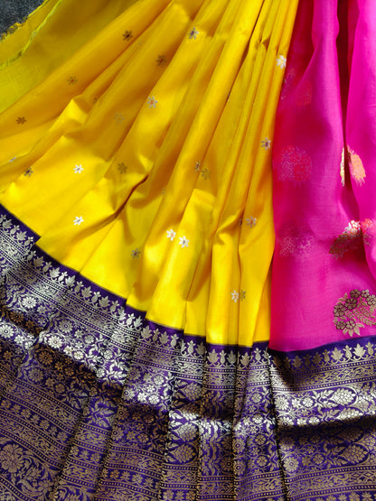 PINK AND YELLOW PURE HANDLOOM HALF SILK AND HALF KORA BANARASI SAREE