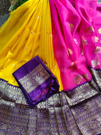 PINK AND YELLOW PURE HANDLOOM HALF SILK AND HALF KORA BANARASI SAREE