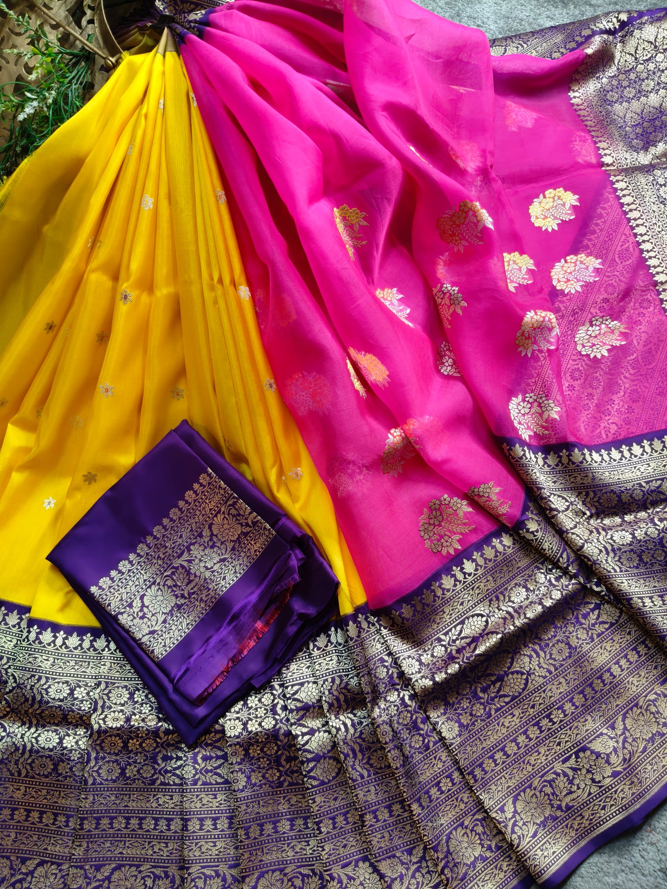 PINK AND YELLOW PURE HANDLOOM HALF SILK AND HALF KORA BANARASI SAREE