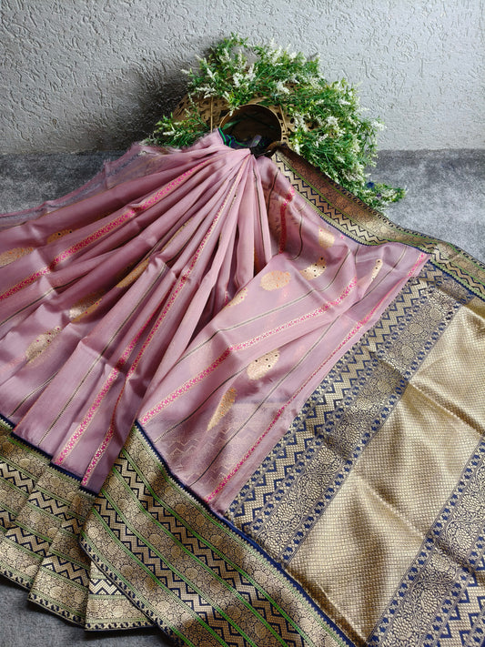 DUSKY MAUVE PURE HANDLOOM  KORA BANARASI SAREE