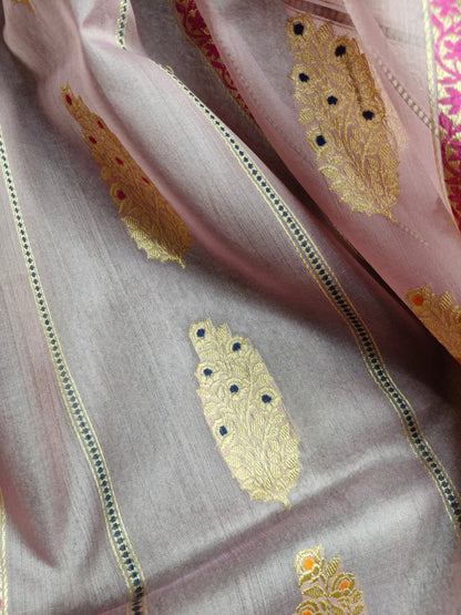 DUSKY MAUVE PURE HANDLOOM  KORA BANARASI SAREE