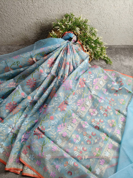 BLUE KORA COTTON  PURE HANDLOOM BANARASI SAREE