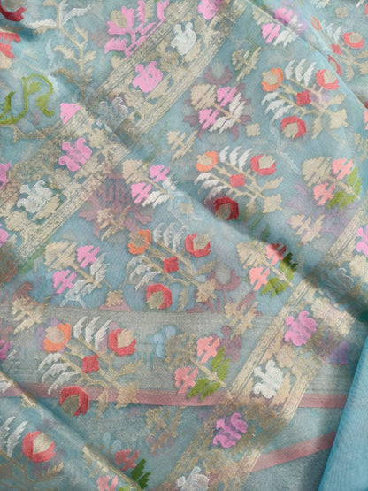 BLUE KORA COTTON  PURE HANDLOOM BANARASI SAREE