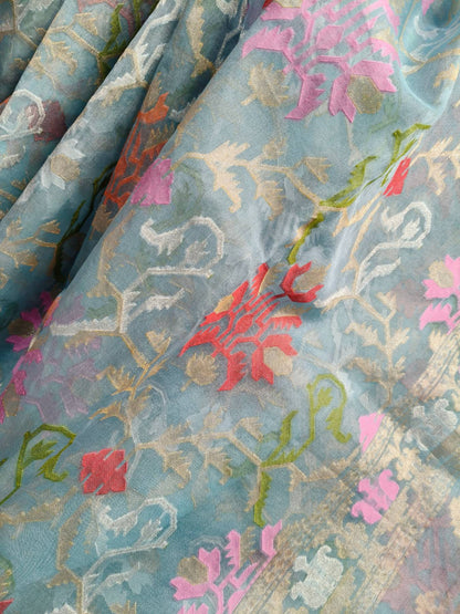 BLUE KORA COTTON  PURE HANDLOOM BANARASI SAREE