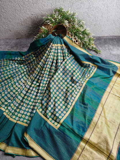 TEAL GREEN COTTON REAL JARI HANDLOOM BANARASI SAREE