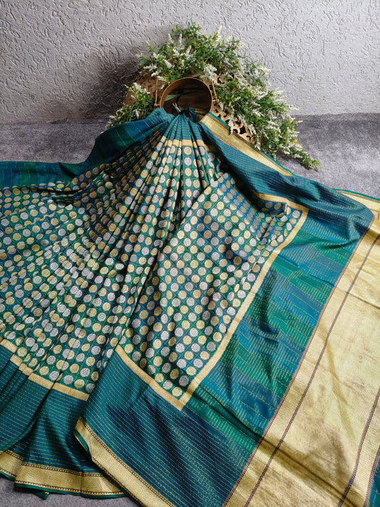 TEAL GREEN COTTON REAL JARI HANDLOOM BANARASI SAREE