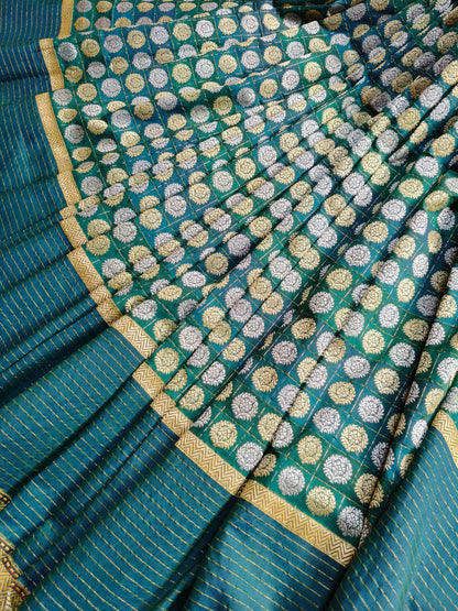 TEAL GREEN COTTON REAL JARI HANDLOOM BANARASI SAREE