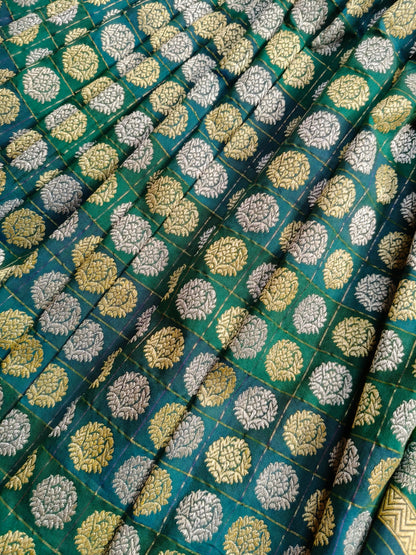 TEAL GREEN COTTON REAL JARI HANDLOOM BANARASI SAREE