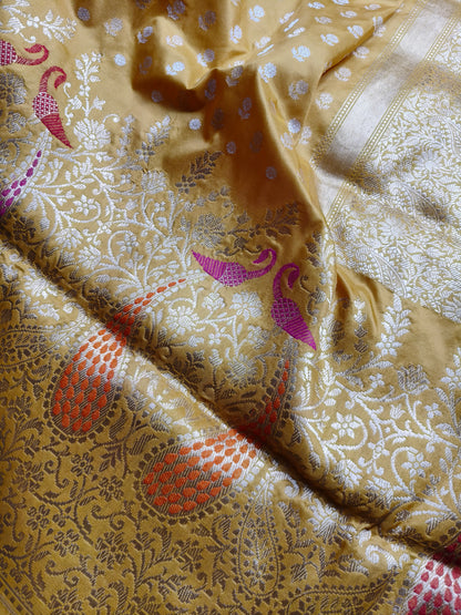 MUSTARD YELLOW SILK PURE HANDLOOM BANARSI SAREE
