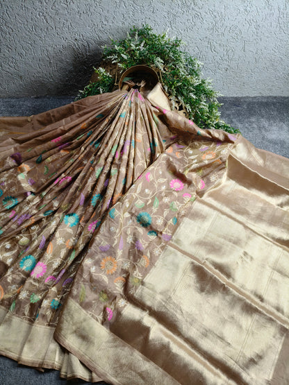 BIEGE TISSUE SILK PURE HANDLOOM BANARASI SAREE