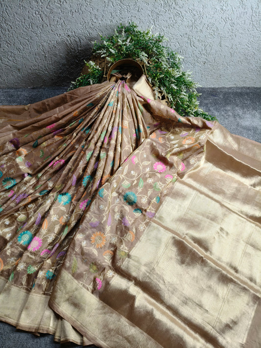 BIEGE TISSUE SILK PURE HANDLOOM BANARASI SAREE
