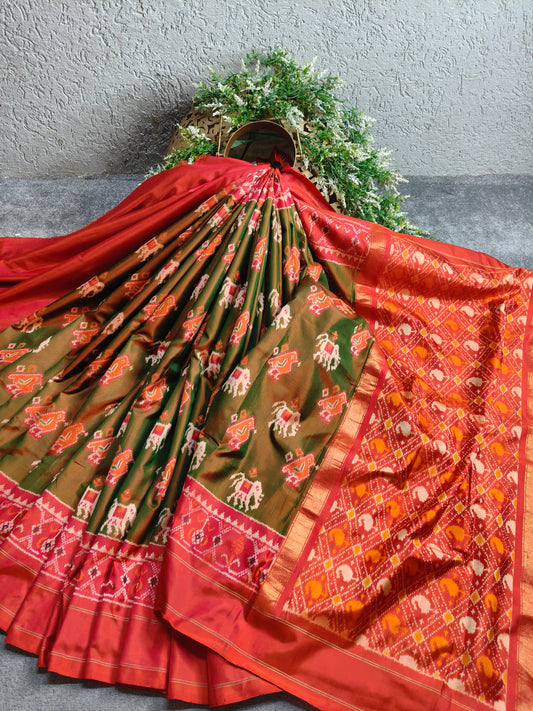 TWO TONE GREEN TWILL SILK PURE HANDLOOM IKKAT SAREE