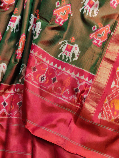 TWO TONE GREEN TWILL SILK PURE HANDLOOM IKKAT SAREE