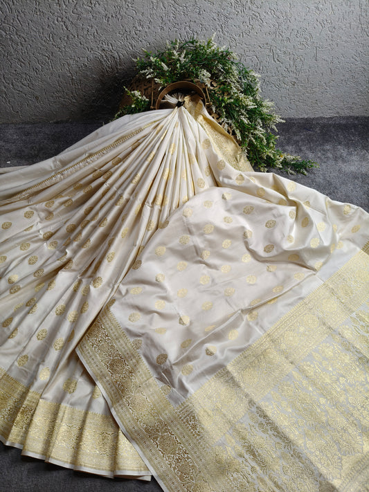 PEARL WHITE MUSHROO SILK PURE HANDLOOM BANARASI SAREE