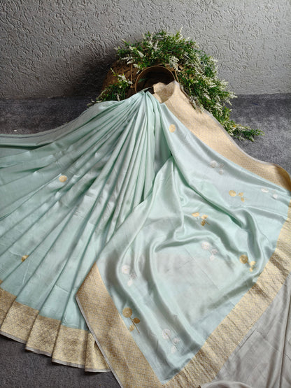 ICE BLUE GAJJI SILK PURE HANDLOOM BANRASI SAREE